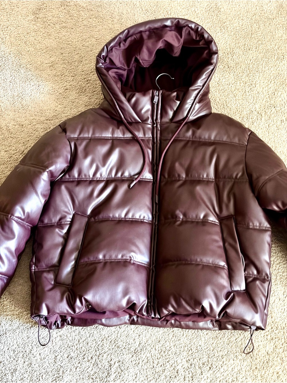 Zara Burgundy Faux Leather Puffer Jacket New without tags